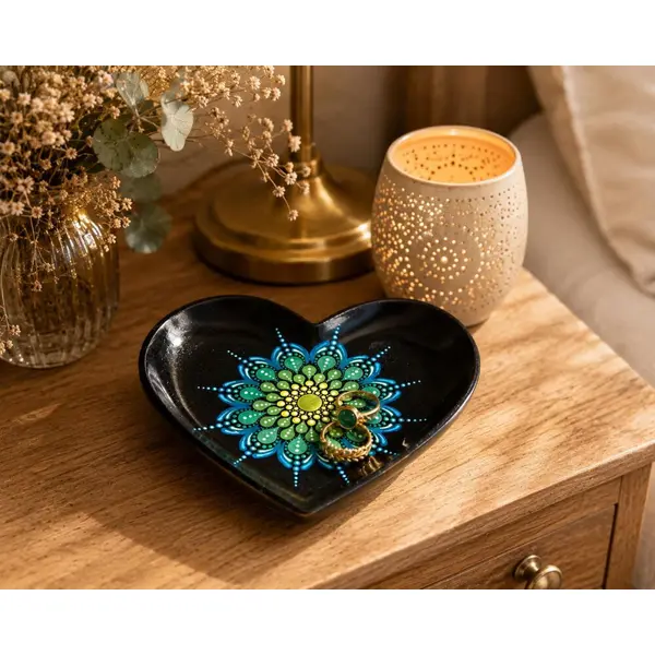 Coupelle cœur noire – mandala bronze, bleu & vert peint à la main - vide-poche artisanal