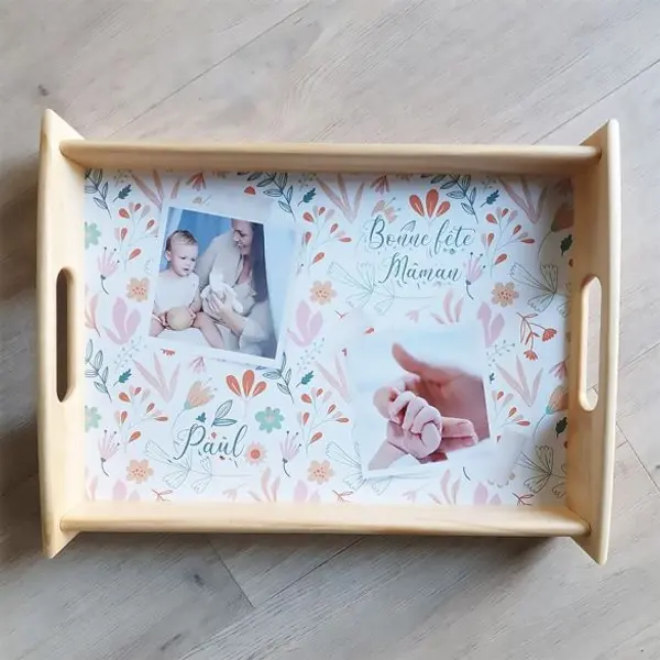 Grand plateau bois personnalisé avec photos et textes à offrir - Bonne fête Maman
