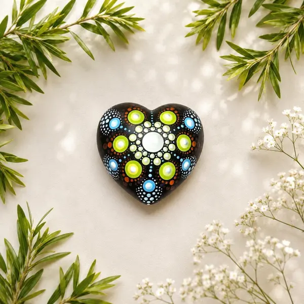 Petite pierre cœur mandala vert & bleu – peinte à la main