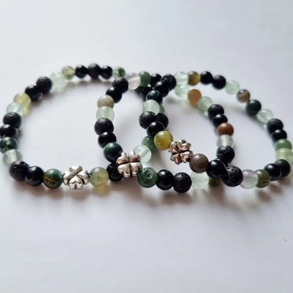 Duo ou trio mere fils bracelets chance concentration pierres naturelles - trèfle - agate indienne, onyx noir, pierre de lave fluorite