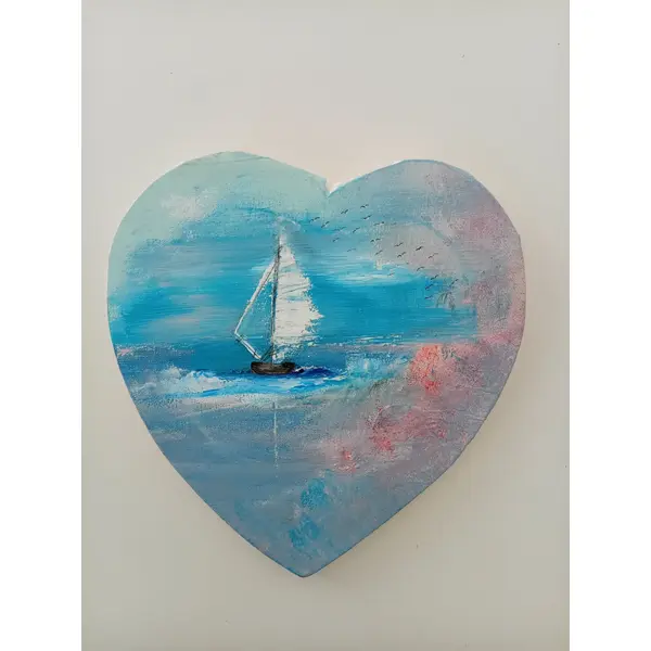 Suspension marine : coeur peint avec voilier - 30x29 cm