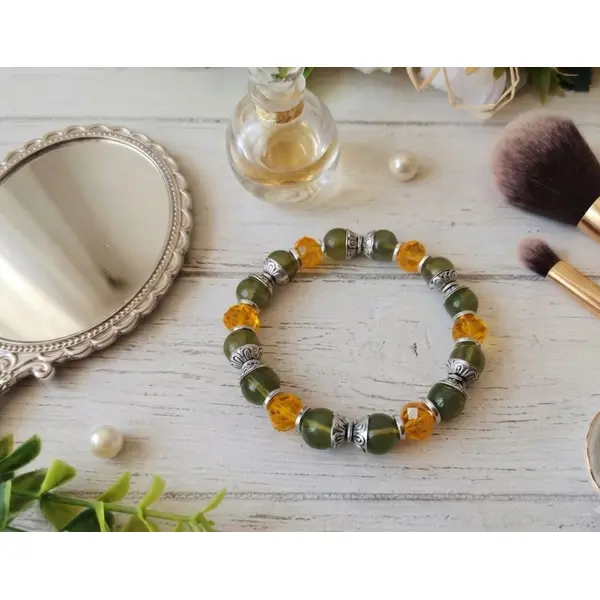 Bracelet perles en verre vert olive et orange