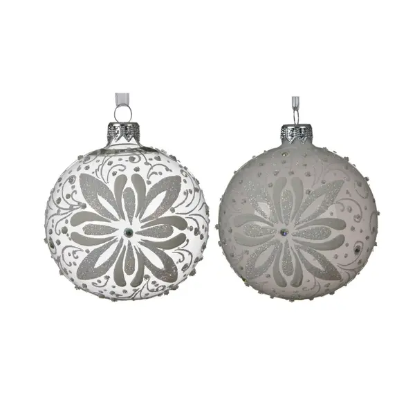 6 Boules blanc hiver et transparent émail fleur