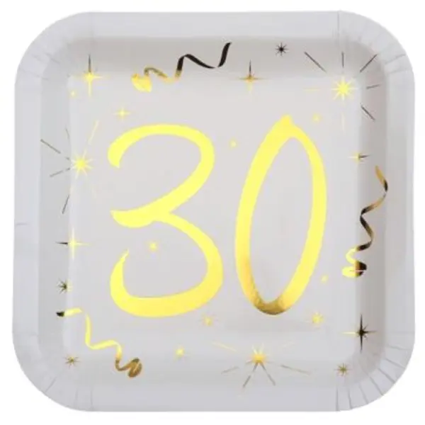 10 Assiettes en Carton Anniversaire - Blanc et Or - 30 ans