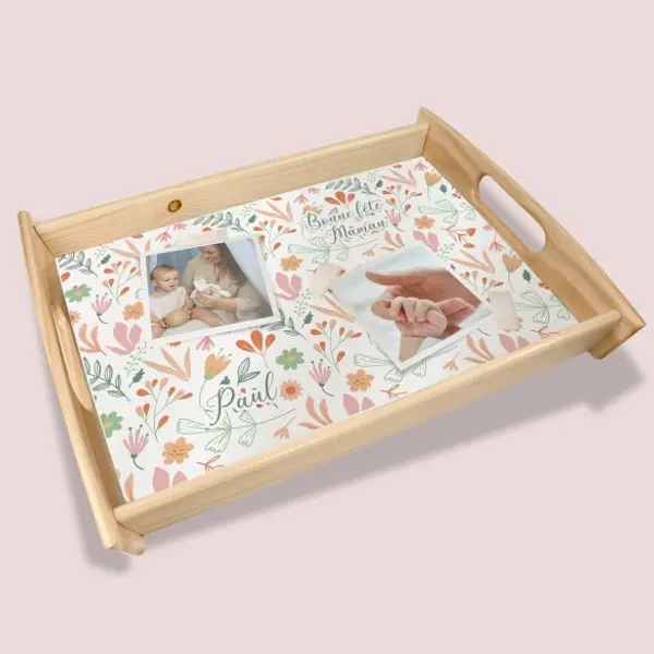 Grand plateau bois personnalisé avec photos et textes à offrir - Bonne fête Maman