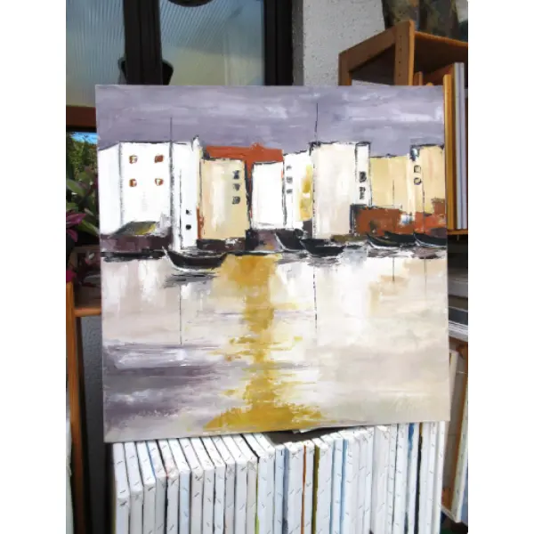 Peinture de marine , dans le midi, huile au couteau sur toile de lin sur châssis... : "port de marseille"