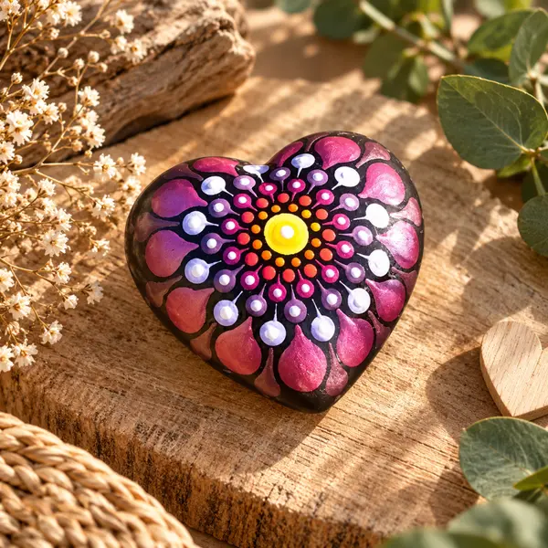 Petite pierre cœur mandala orange, bleu & fuchsia métallisé – peinte à la main