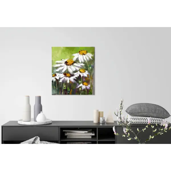 Peinture florale-marguerites sauvages - huile au couteau toile de lin sur châssis : "regard vers la nature"
