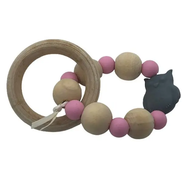 Anneau de dentition chouette / hibou beige et fuchsia inspiration montessori