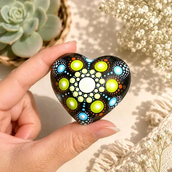 Petite pierre cœur mandala vert & bleu – peinte à la main