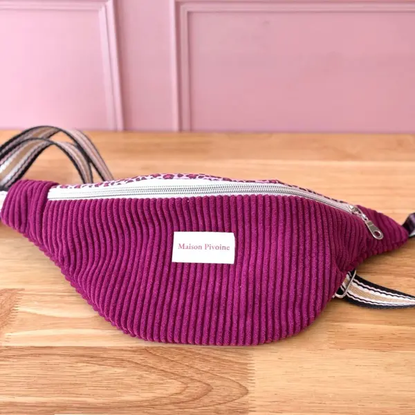 Sac banane velours prune & coton léopard rose – sacoche femme artisanale française