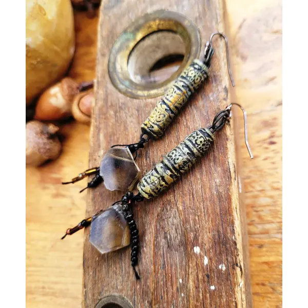 Boucles d'oreille romantiques ethniques, cadeau idéal pour dame avec citrine et rouleaux en céramique !!!! : "le flux des emotions "