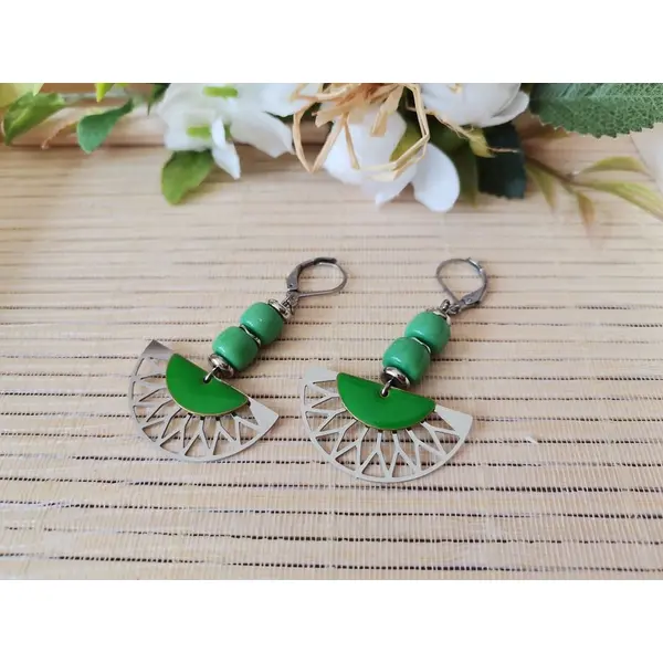 Boucles d'oreilles acier inoxydable et sequin émail vert