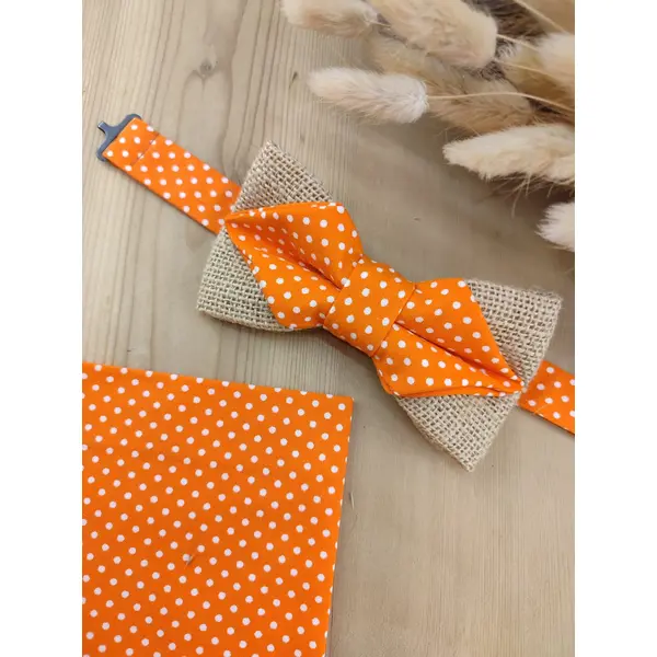Noeud papillon homme/enfant en coton orange à pois blancs et toile de jute - pochette costume, bts de manchette - accessoires mariage