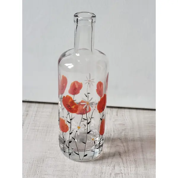 Bouteille en verre recyclée en carafe décor coquelicots tableau coquelicots. cadeau pendaison de crémaillère