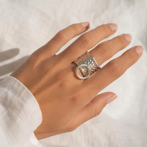 Bague breloque rond ajustable, acier inoxydable doré et argenté