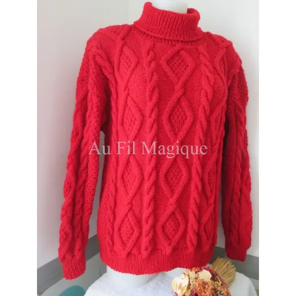 Pull irlandais femme tricot fait-main taille 44/46 couleur rouge