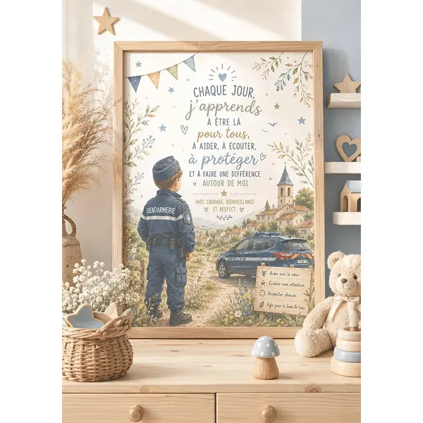 Affiche enfant gendarme personnalisée – courage et protection – version française ou anglaise – téléchargement numérique