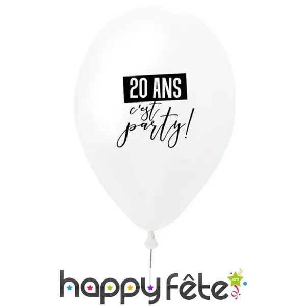 Ballon 20 ans c'est party blanc en latex de 27 cm