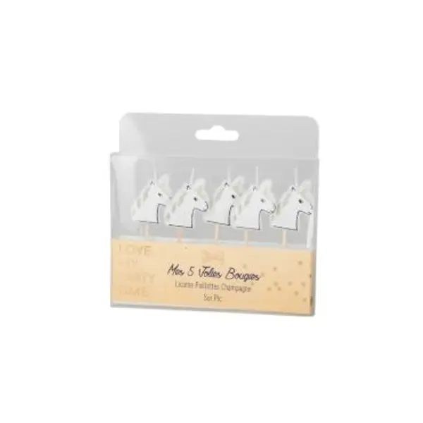 Kit de 5 Bougies sur pic de Licorne à paillettes dorées