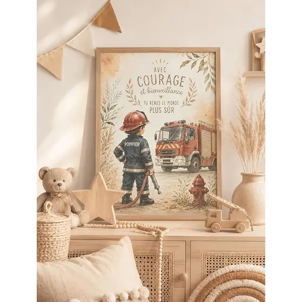 Affiche petit pompier – courage & bienveillance | décoration chambre enfant – téléchargement français et anglais