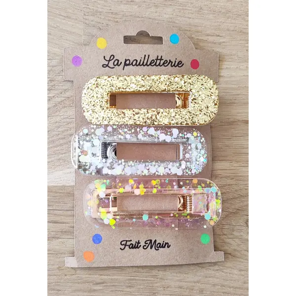 Trio de barrettes pailletées en résine - fait main