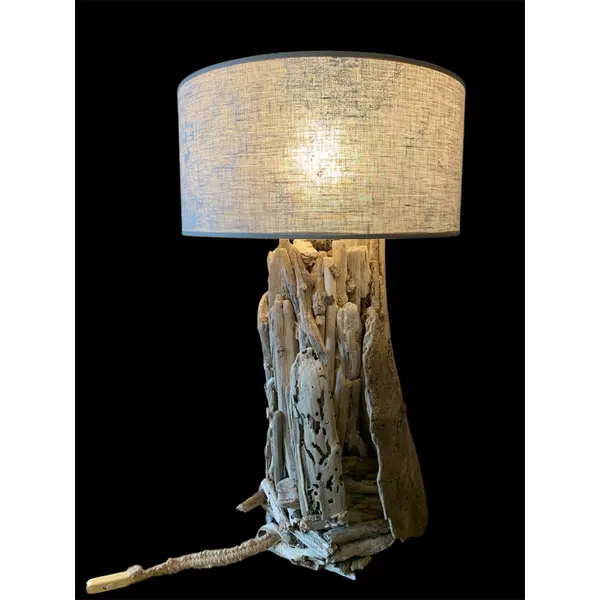 Lampe originale, en bois flotté, abat-jour gris
