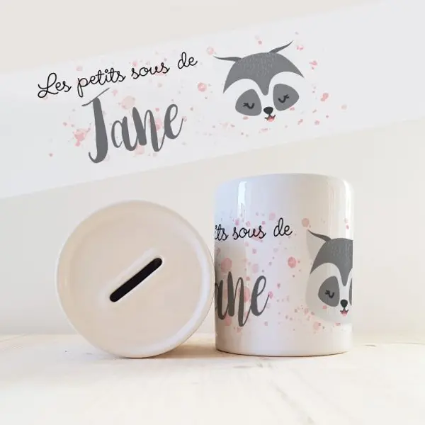 Tirelire enfant avec prénom modèle Raton laveur
