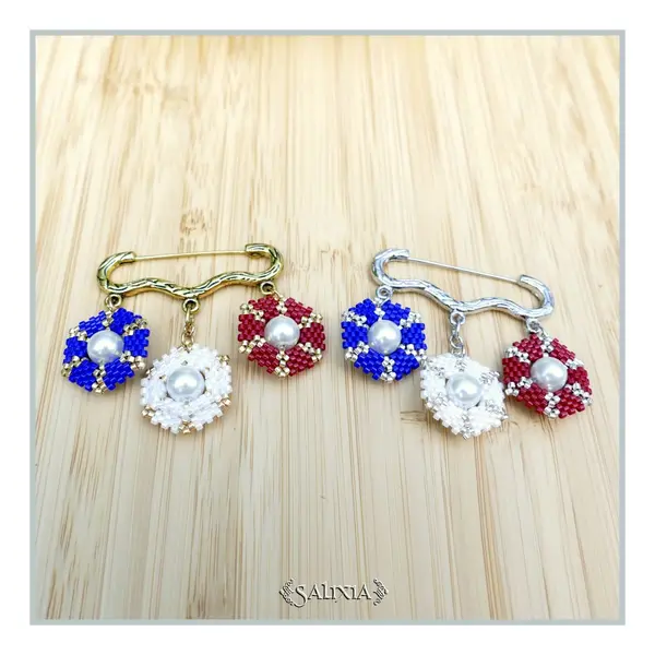 Broche tissée perles japonaises bleu blanc rouge perles nacrées blanches (#br20)