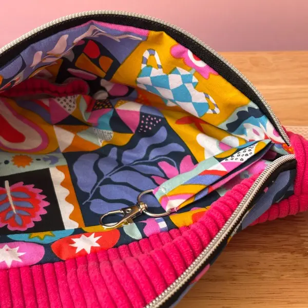 Sac banane velours fuchsia & coton pop – banane femme cousue main en bretagne