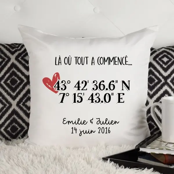 Coussin personnalisable Coordonnées GPS pour couple | Saint Valentin