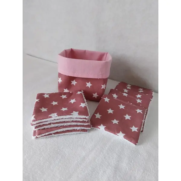 Panier et 10 lingettes lavables vieux rose à étoiles