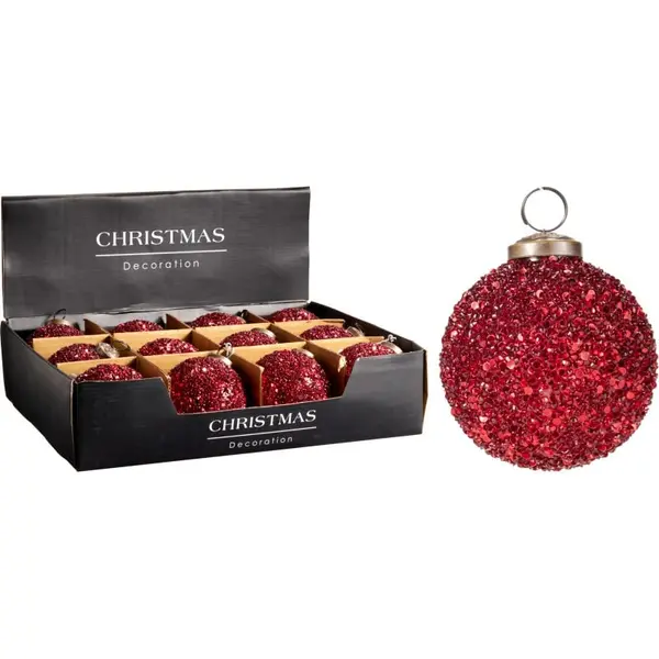 6 Boules de Noël en verre perlée rouge