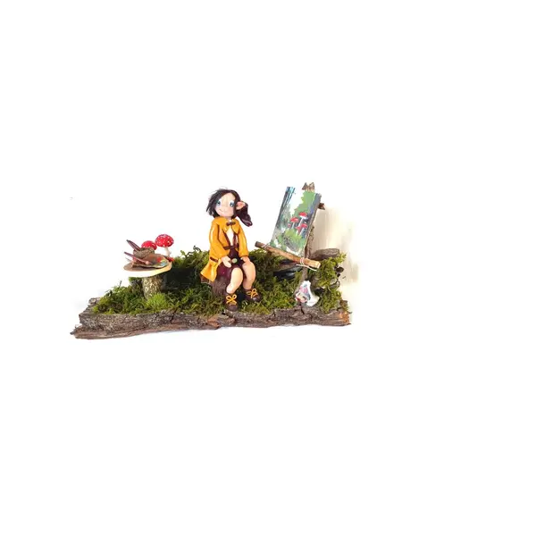 Lutin fimo fait main, figurine féerique artisanale, scène forêt magique, décoration elfique unique