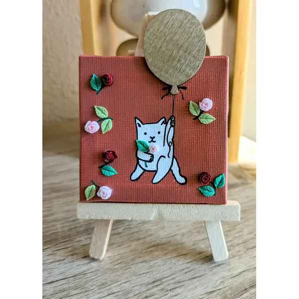 Mini toile sur chevalet en bois chat ballon