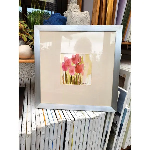 Peinture gouache "tulipes du jardin" sur papier canson, avec cadre aluminium : "jardin secret"