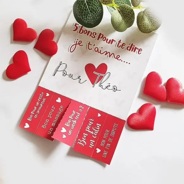 Carte avec bons détachables personnalisées pour les amoureux