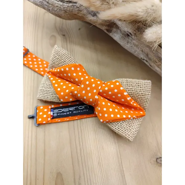 Noeud papillon homme/enfant en coton orange à pois blancs et toile de jute - pochette costume, bts de manchette - accessoires mariage