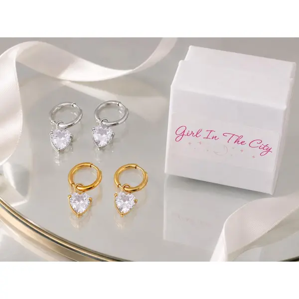 Mini créoles coeur strass | petites créoles coeur | créoles dorées pampille acier inoxydable - bijou tendance femme - idée cadeau