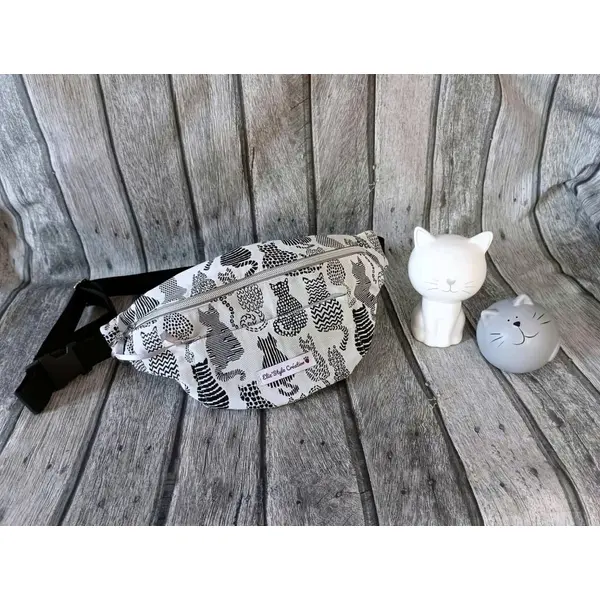 Sac banane pour homme ou femme, jacquard chats gris, sac bandoulière, cadeau femme homme, cadeau anniversaire fêtes