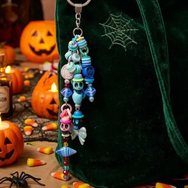 Porte cles multicolore tête de morts ocean haloween décalé bleu original unique fait en france
