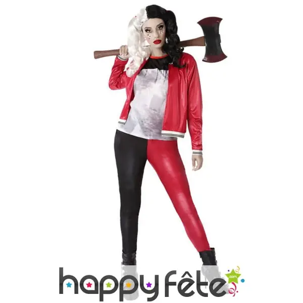 Costume noir rouge d'arlequin tueuse pour femme