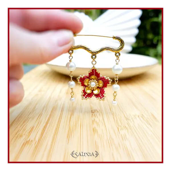 Broche fleur tissée perles japonaises rouges perles nacrées blanches (#br19)