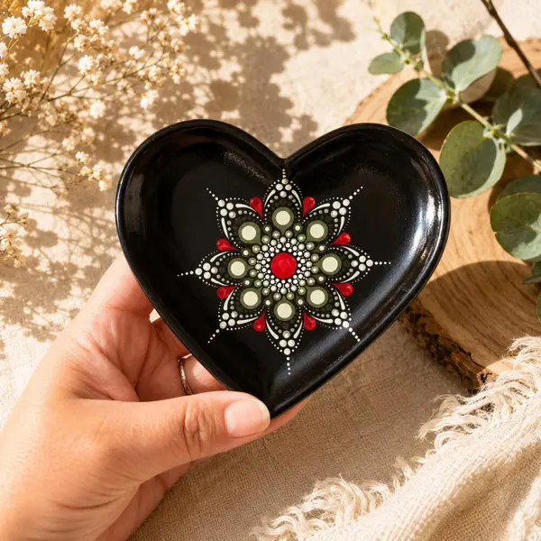 Coupelle cœur kaki – mandala rouge & vert peint - vide-poche artisanal