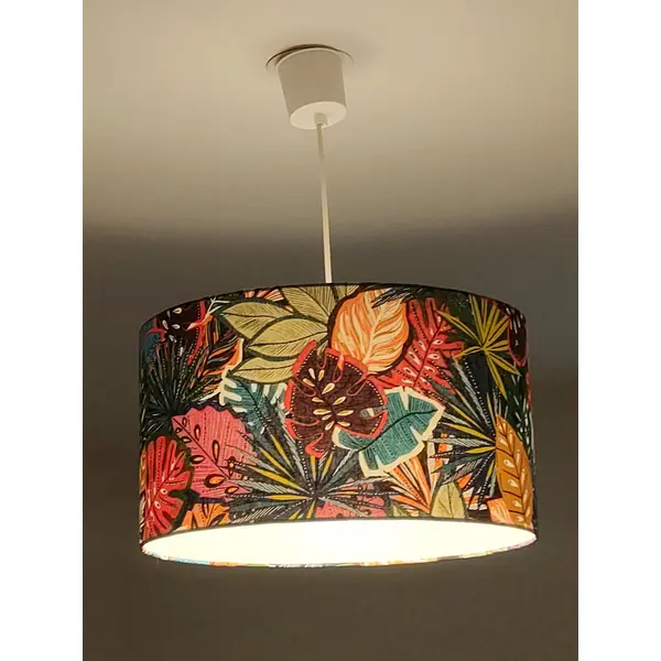 Abat-jour jungle tropicale colorée, feuillage exotique, luminaire déco bohème chic, tissu coton oeko-tex, fabrication française
