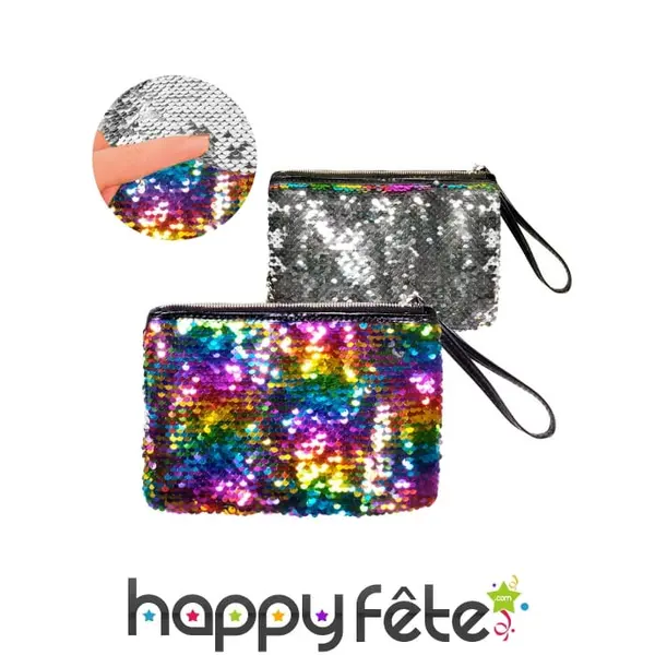 Pochette réversible argent et arc-en-ciel avec zip