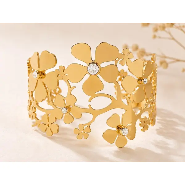 Bracelet manchette doré ouvert acier inoxydable - style délicat - bracelet réglable doré fleurs et strass - bijou été