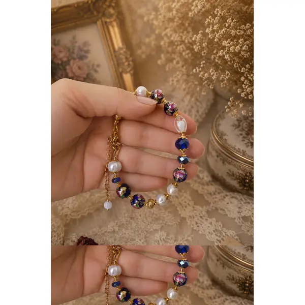 Bracelet femme ajustable intemporel romantique bohème vintage chic véritable perle culture eau douce blanche perle bleue marine fleurie