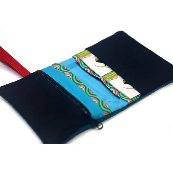 Portefeuille compact femme similicuir turquoise et tissu plumes de paons avec élastique