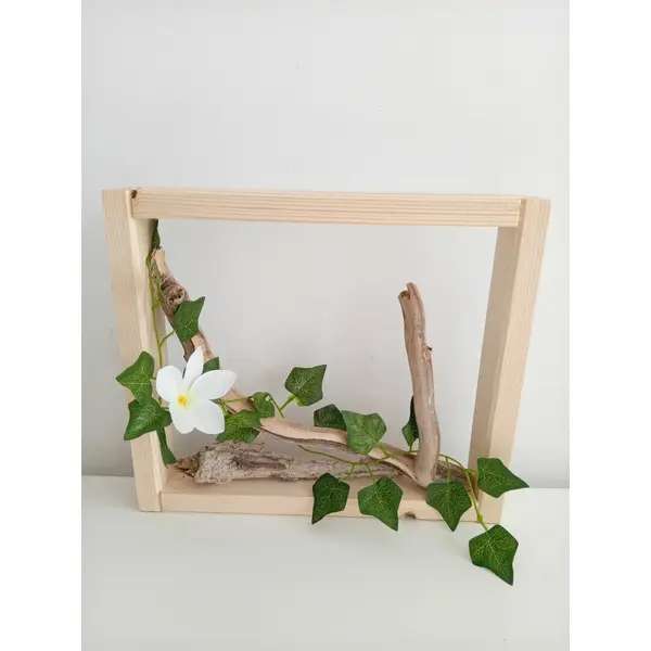 Grand cadre mural florale avec sculpture en bois bois flotté 30x26cm